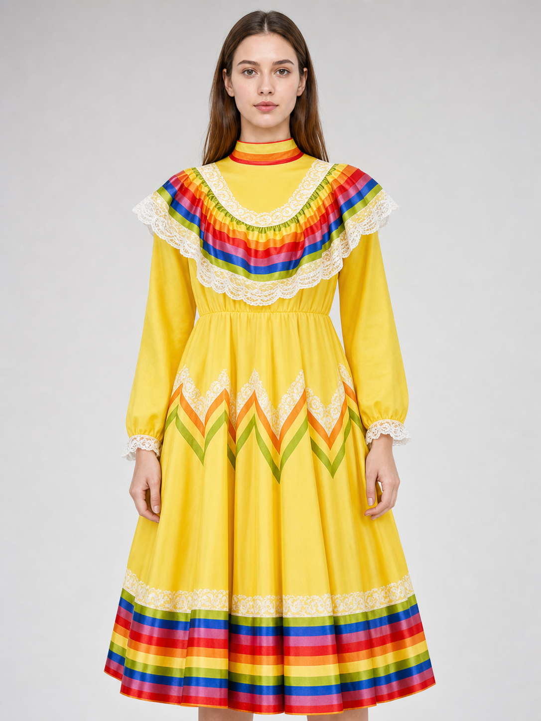 Costume dress with ruffles and rainbow trim