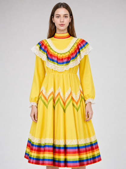 Costume dress with ruffles and rainbow trim
