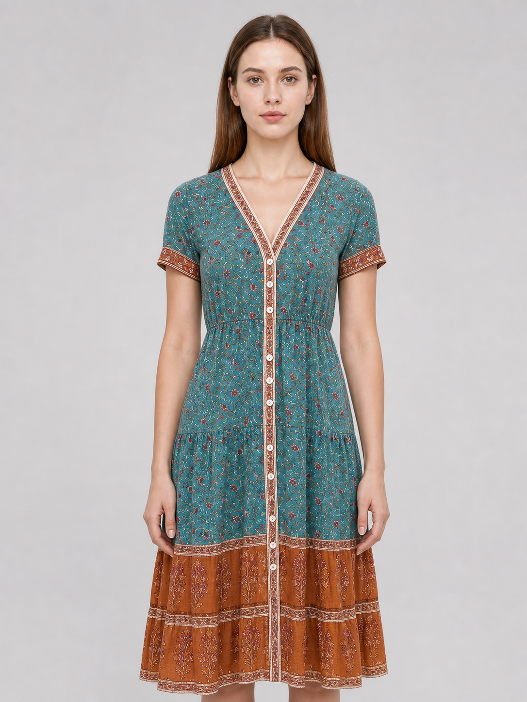 Printed Midi Dress with Short Sleeves