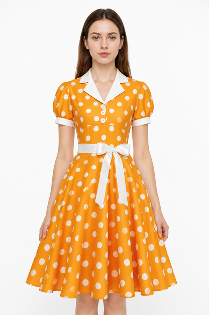 Polka Dot Dress with a Turn-Down Collar and Belt Costume Dresses detail 3