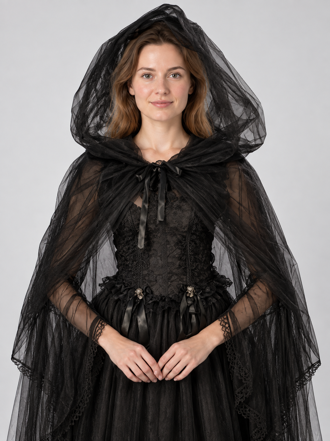 Black Vampire Costume with Veil and Sleeves
