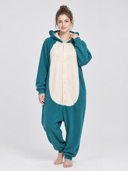 Turquoise Fleece Hooded Pajama Jumpsuit with Ears