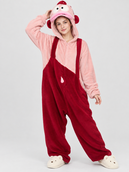 Pink and Burgundy Fleece Hooded Pajama Jumpsuit