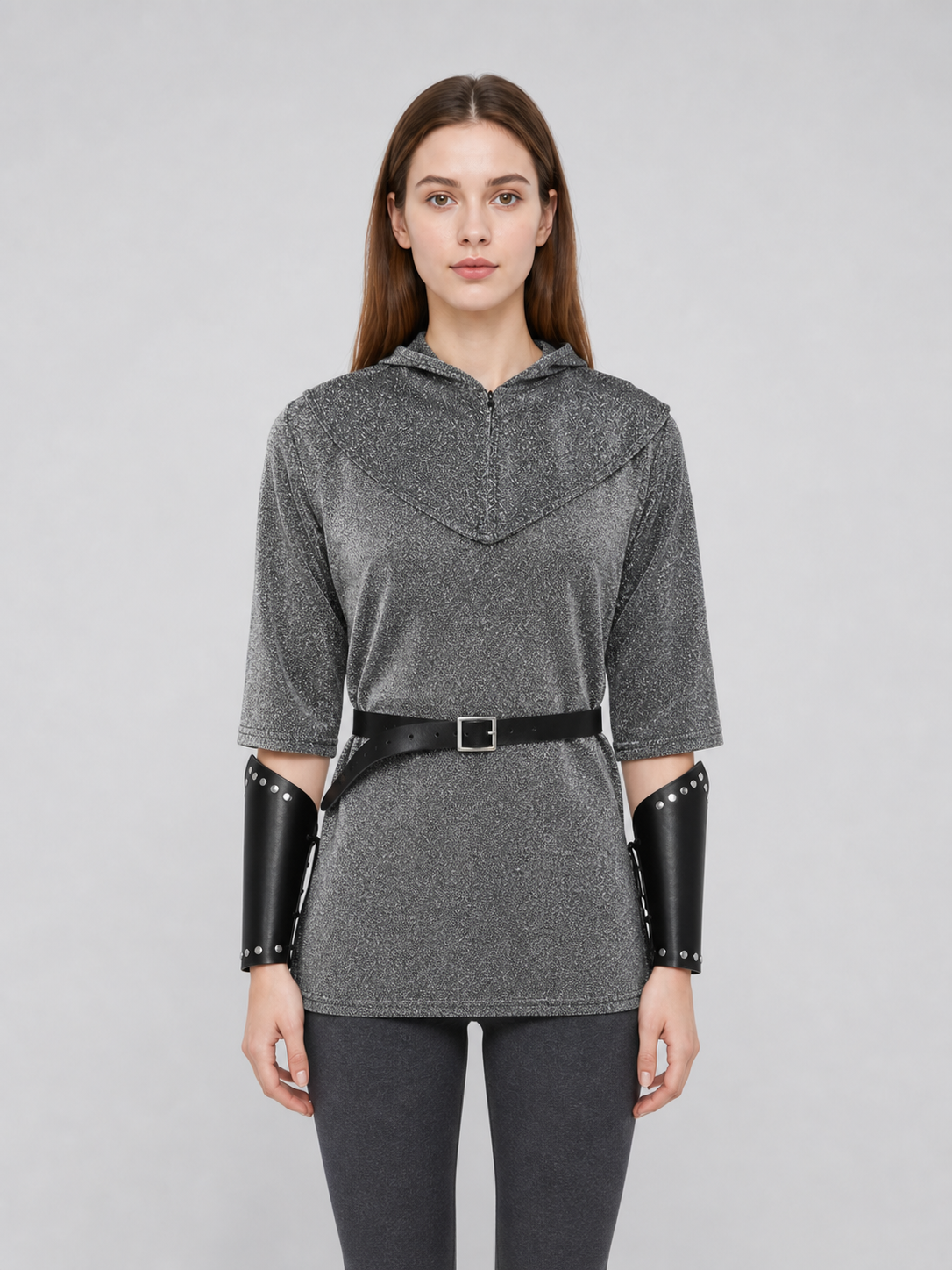 The set is designed in a medieval style and is suitable for creating a cosplay or stage-performance look. It includes a gray long top with a hood, a headpiece in the form of a gray hood, black bracers, and a black belt with a square buckle 