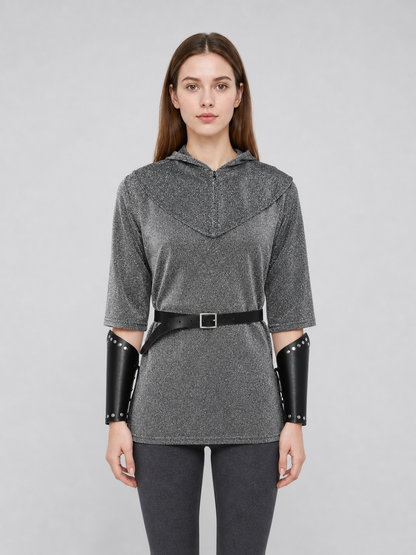 The set is designed in a medieval style and is suitable for creating a cosplay or stage-performance look. It includes a gray long top with a hood, a headpiece in the form of a gray hood, black bracers, and a black belt with a square buckle 