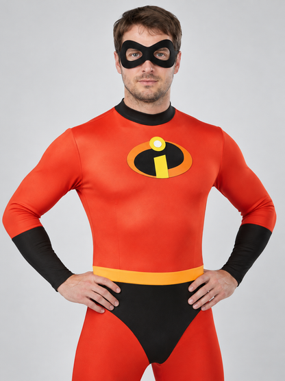 Red superhero costume with black inserts and a mask