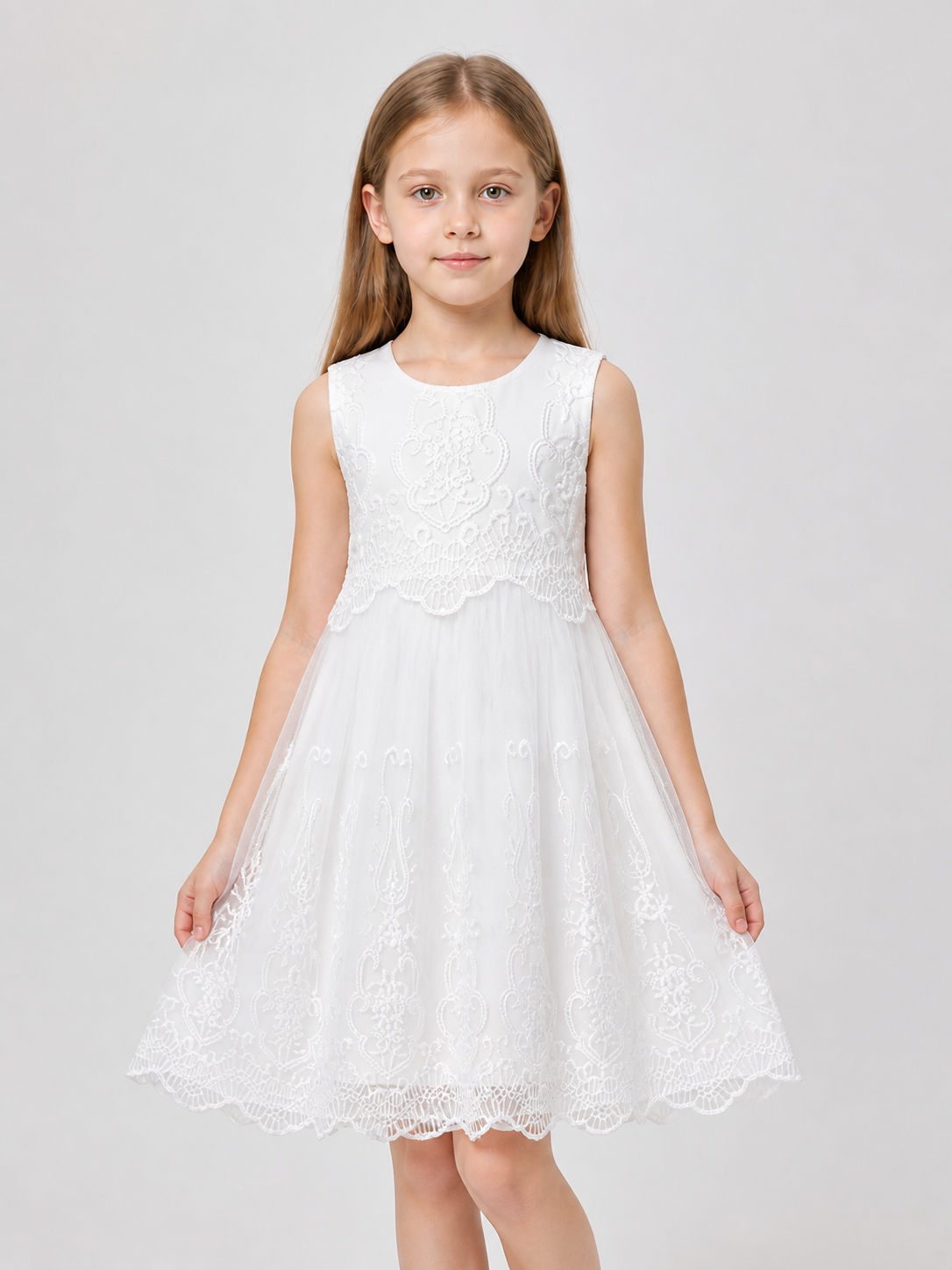 White Sleeveless Dress with Lace and Embroidery Costume Dresses detail 3