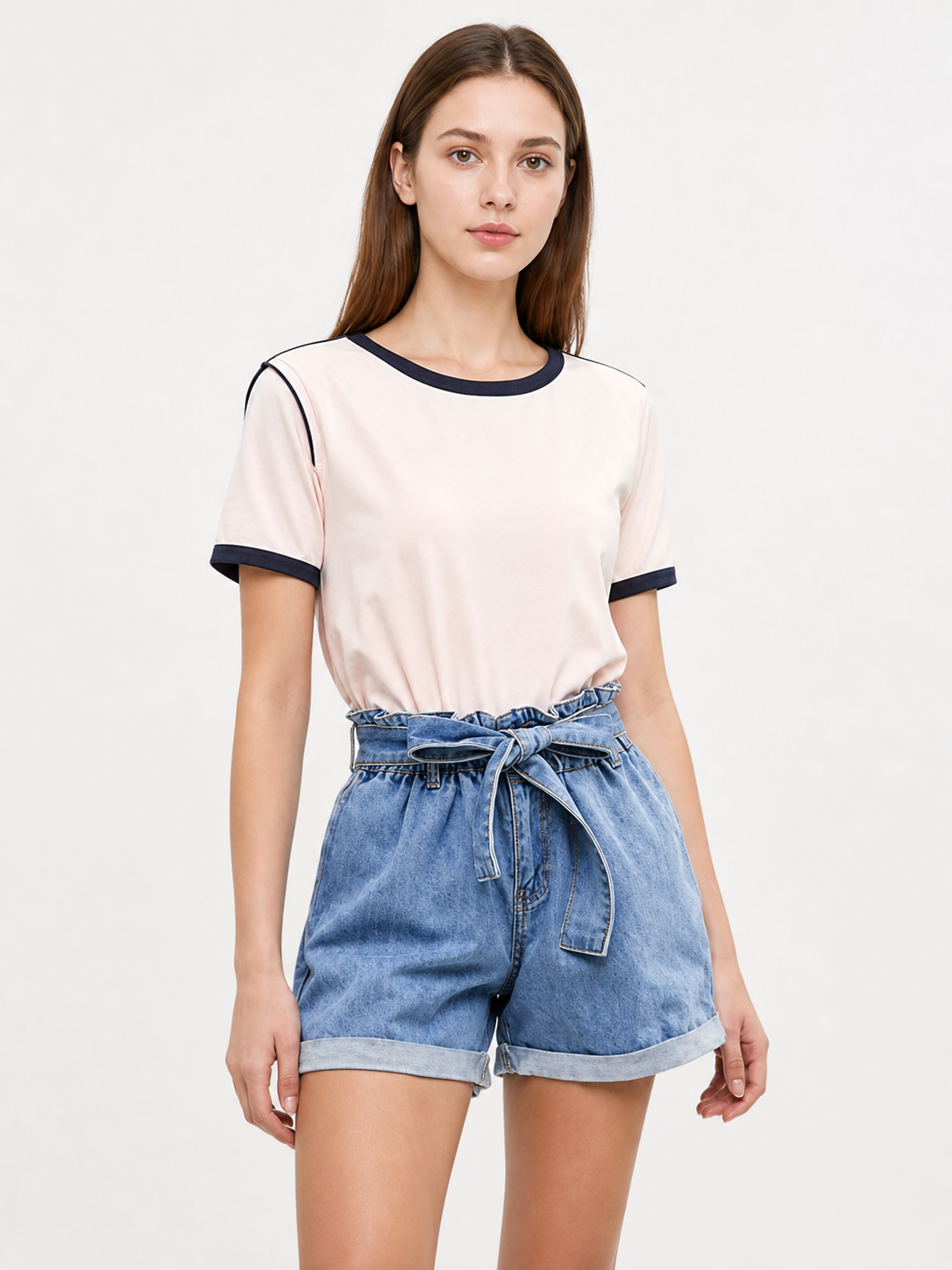 Blue Relaxed-Fit High-Rise Denim Shorts with Tie Waist product detail 2