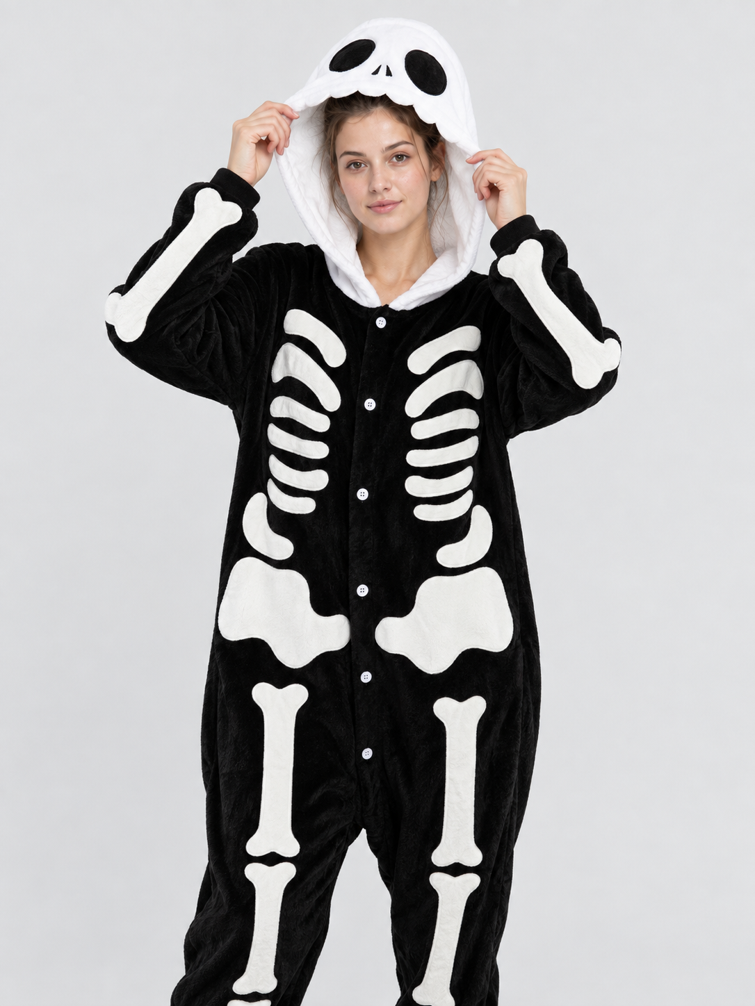 Black Hooded Pajama Jumpsuit with Skeleton Print