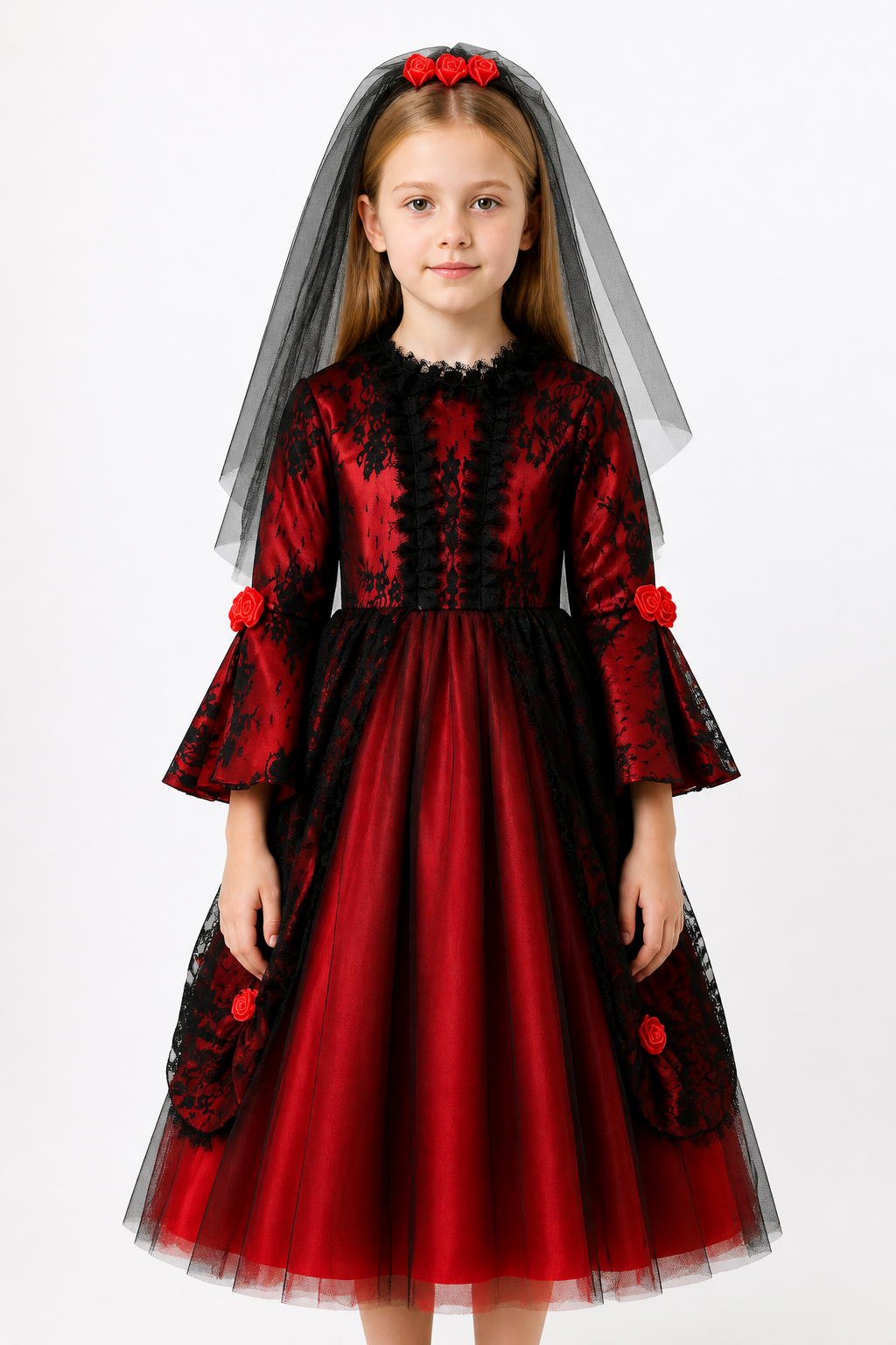 Long Gothic Dress with Red Roses and Lace