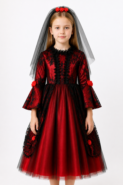 Long Gothic Dress with Red Roses and Lace
