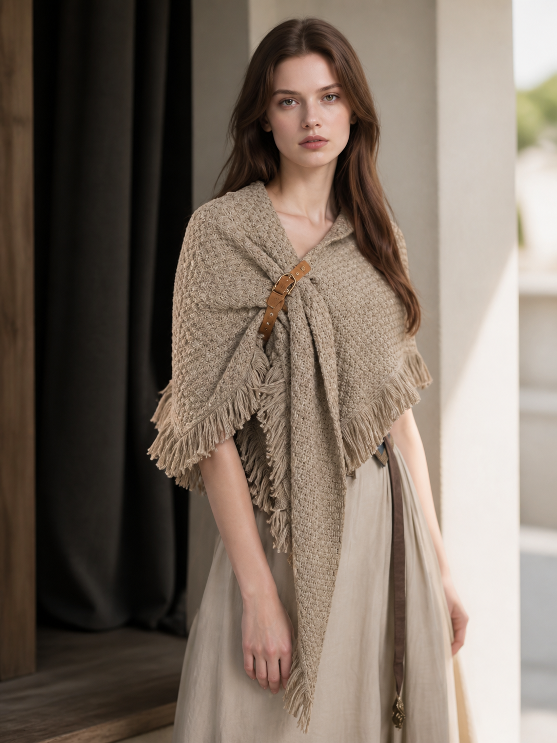Beige fringed woven costume cape product view 25