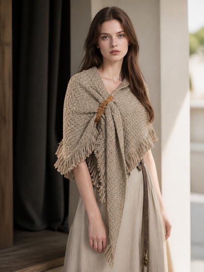 Beige fringed woven costume cape product view 25
