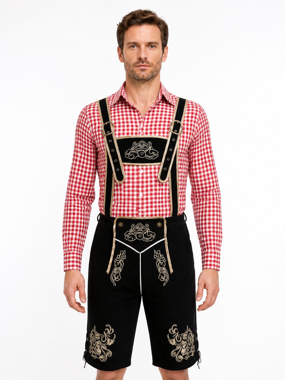 Bavarian costume set with shirt, shorts, and suspenders