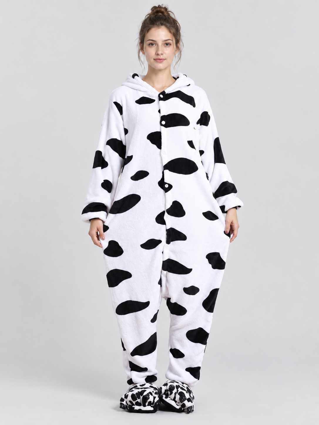 White Flannel Pajama Jumpsuit with Animal Print