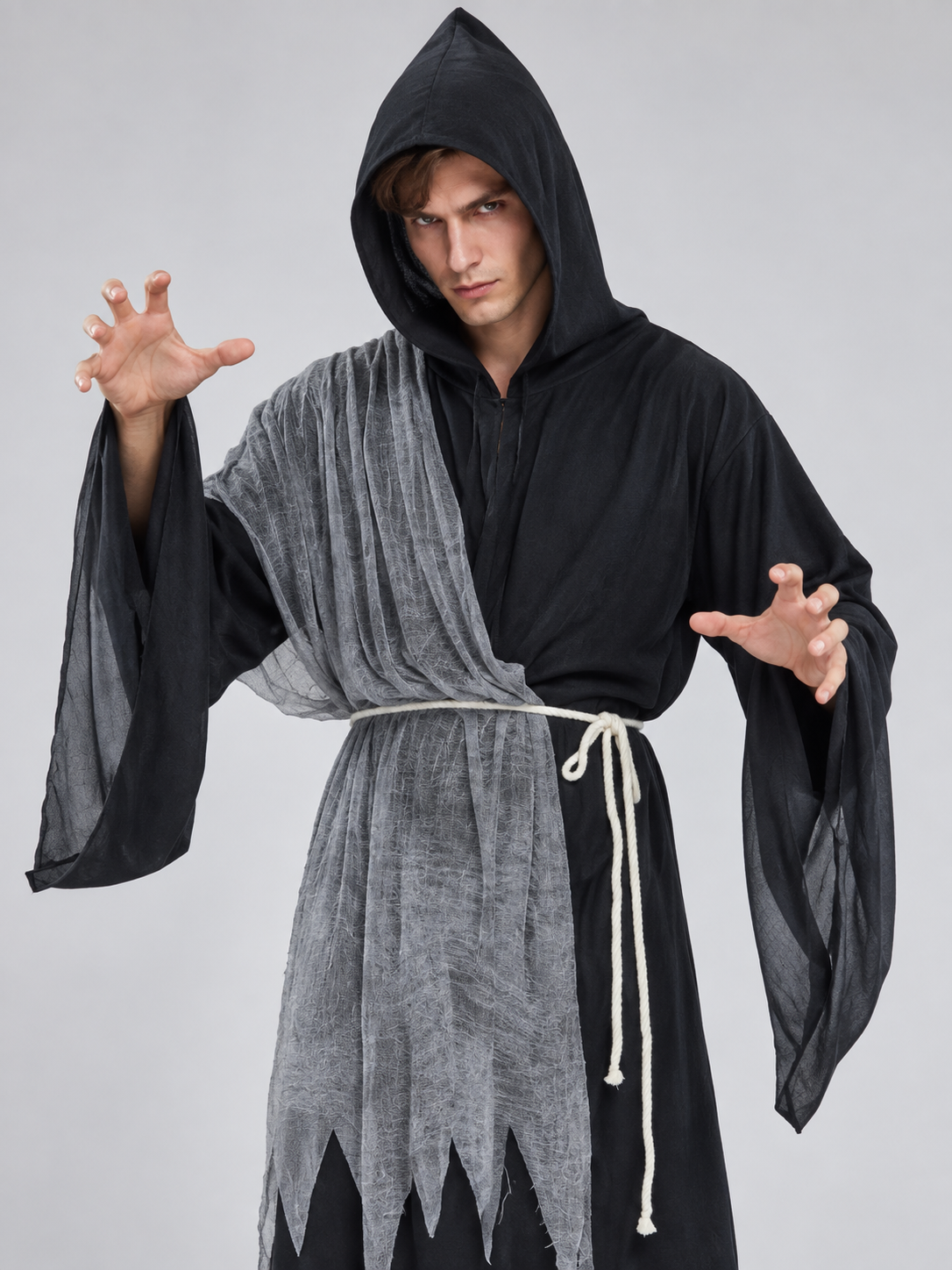 Vampire Halloween Costume with Hood and Gray Cape
