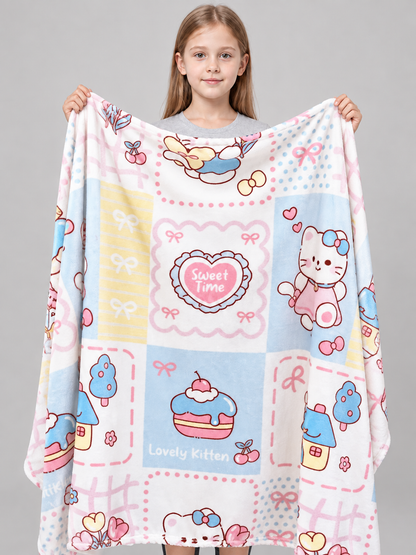 Blanket with Pastel Print and Cartoon Kitten