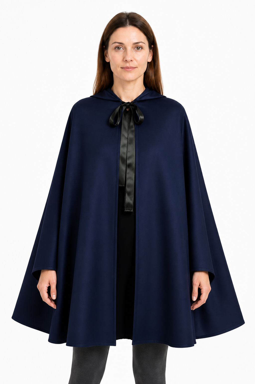 Long Hooded Cloak, Dark Navy with Black Tie upper body view