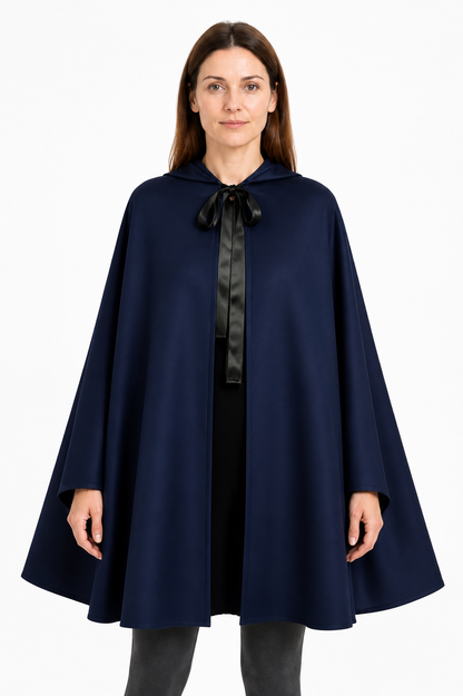 Long Hooded Cloak, Dark Navy with Black Tie upper body view