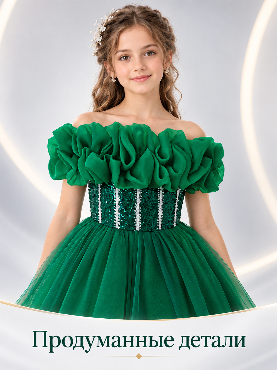 Dark Green Girls' Dressy Dress with Off-the-Shoulder Neckline