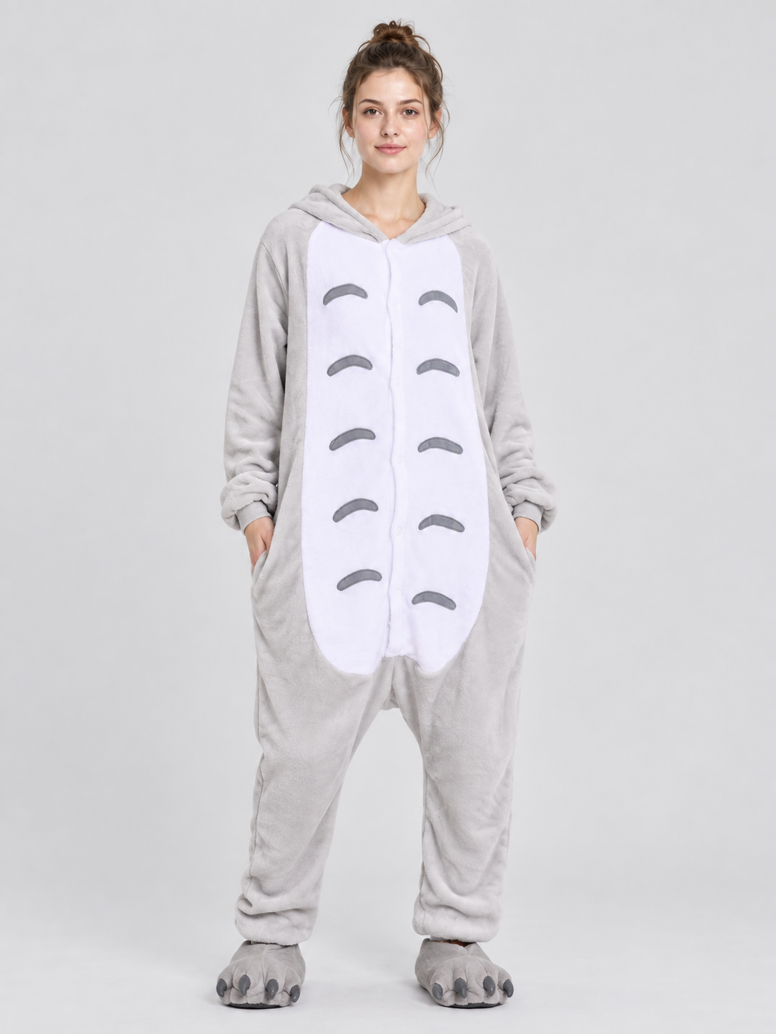 Gray and White Flannel Hooded Pajama Jumpsuit