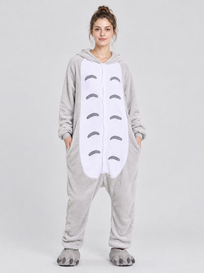 Gray and White Flannel Hooded Pajama Jumpsuit