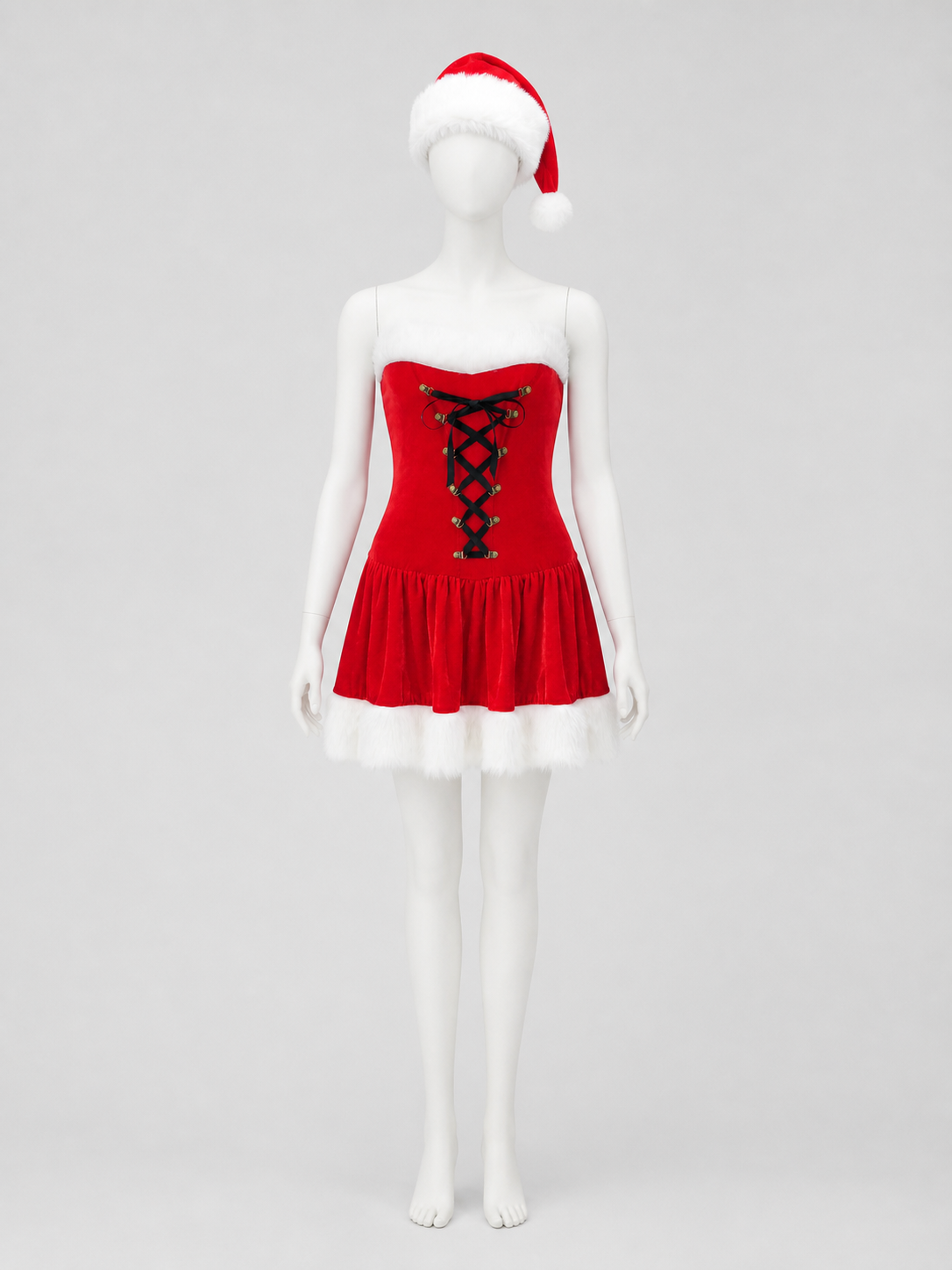 Red Christmas Dress with White Trim and Hat Costume Dresses detail 3