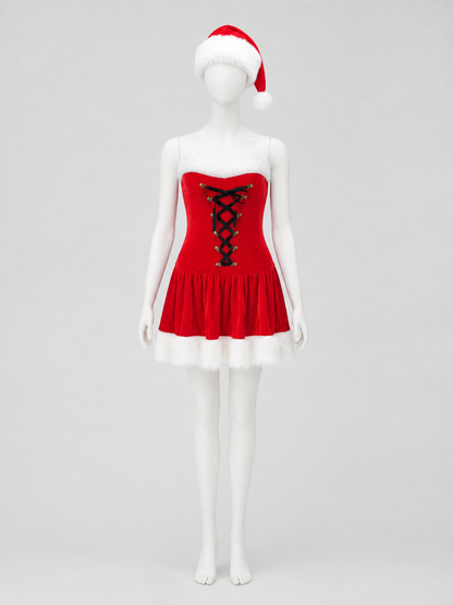 Red Christmas Dress with White Trim and Hat Costume Dresses detail 3