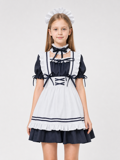 Black-and-White Maid-Style Dress with Ruffles and Bows