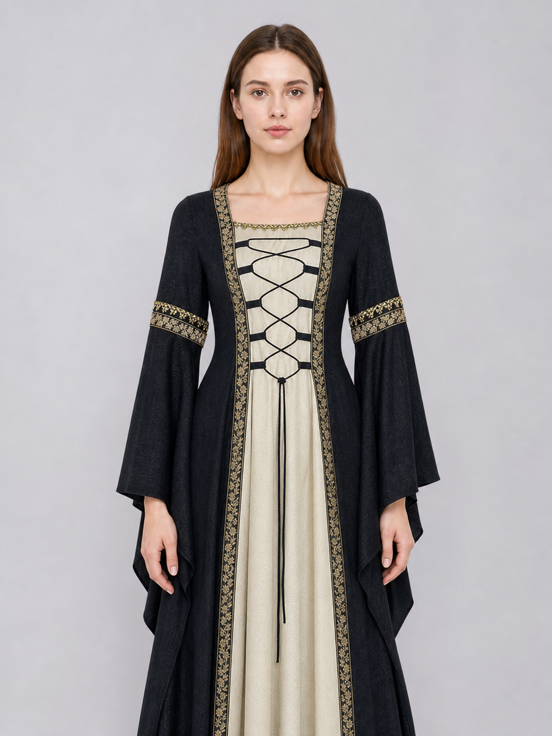 Medieval-style dress with flared sleeves, lacing, and decorative trim. The design is made in black with a cream-colored center panel and golden floral elements along the edges and on the cuffs. The open front layer frames the light-colored 
