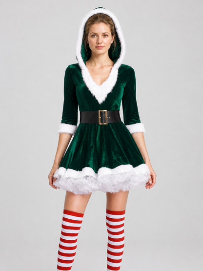 Green Santa Christmas Dress with White Fur Costume Dresses detail 2