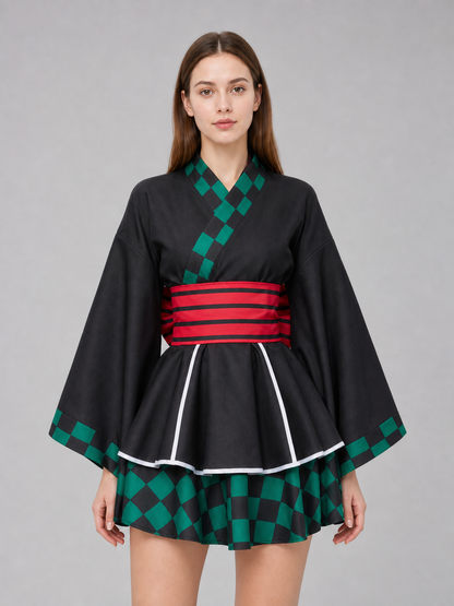 Tanjiro Cosplay Dress, Black with Green Plaid