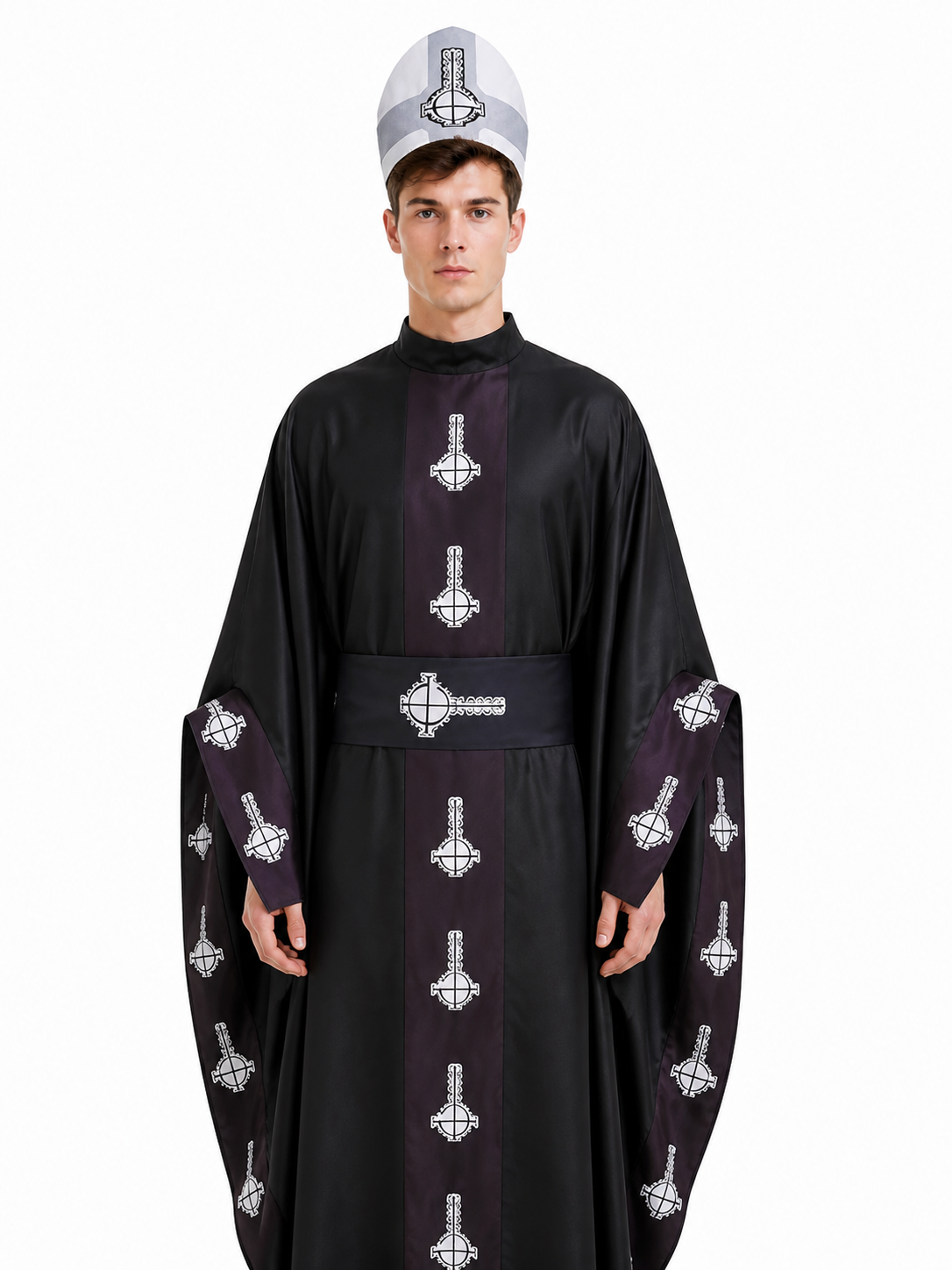 Hooded Cloak with Belt, Black with White Pattern Costume Capes detail 3