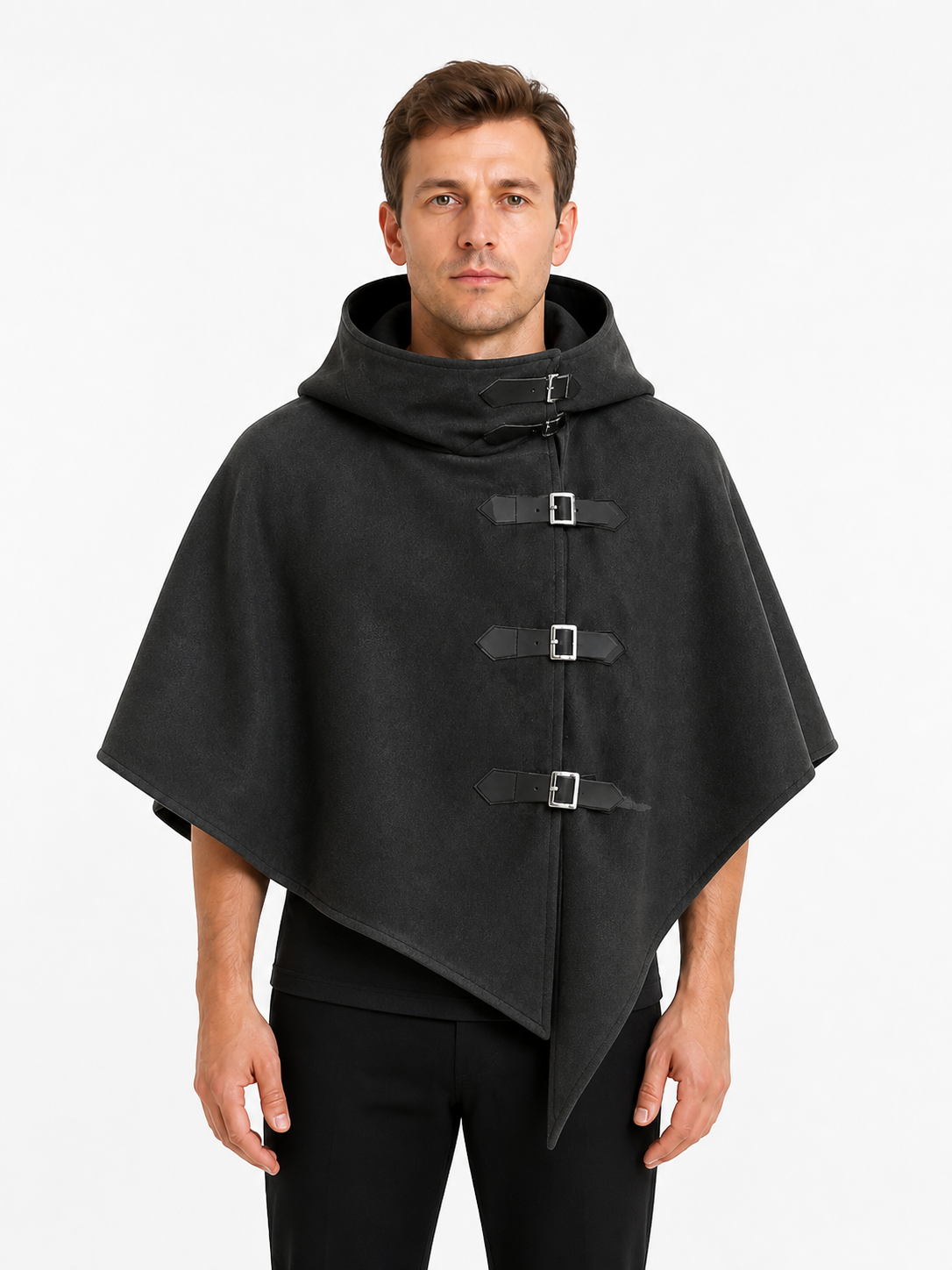 Black Hooded Cape with Buckles for Cosplay Costume Capes detail 3