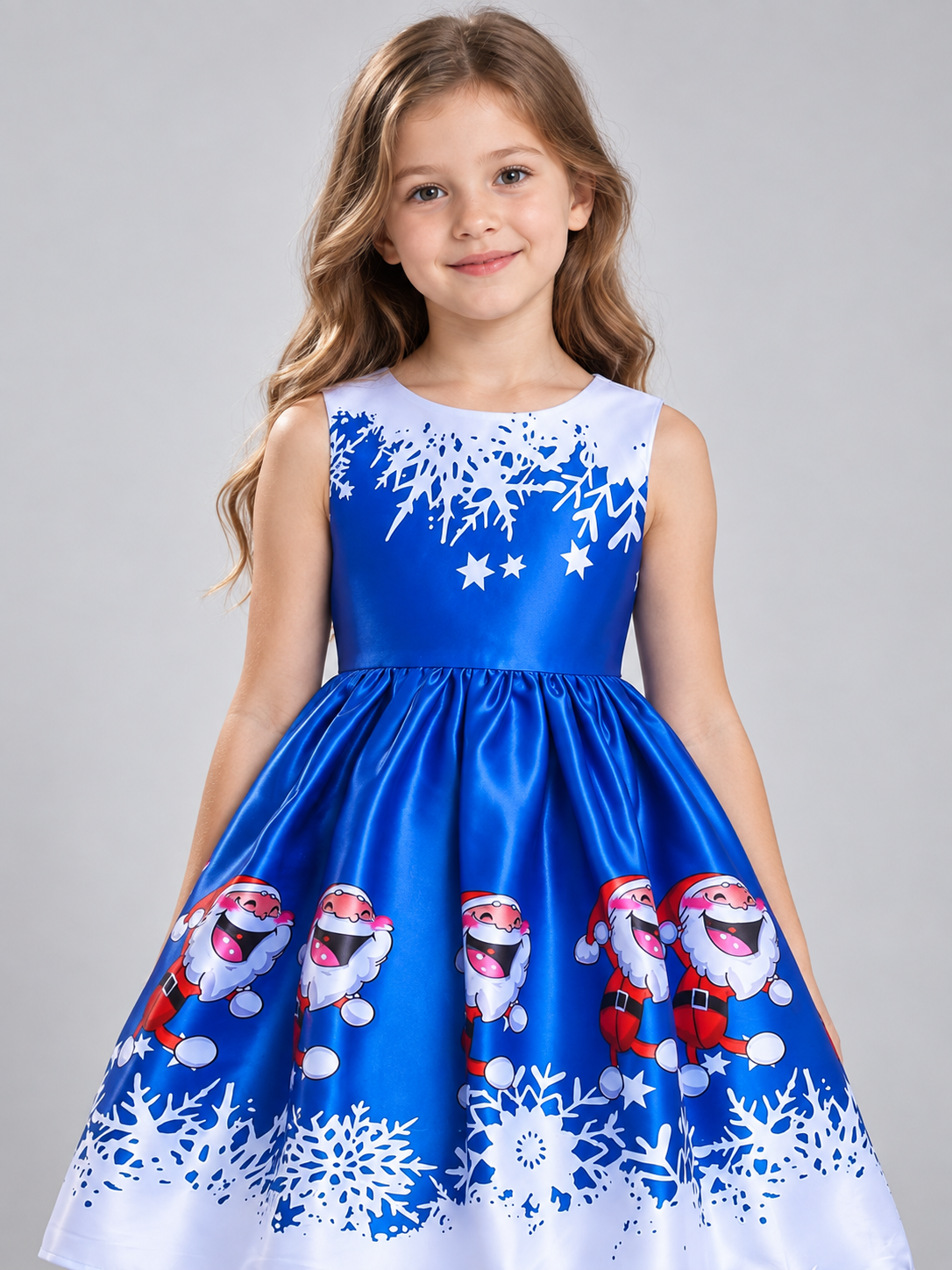 Blue Girls' Holiday Dress with Christmas Print Costume Dresses detail 2
