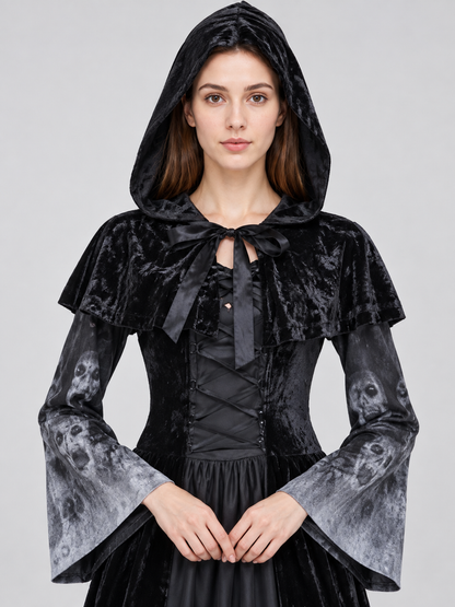 Gothic Hooded Dress with Lace-Up Detail and Skull Print Costume Dresses detail 2
