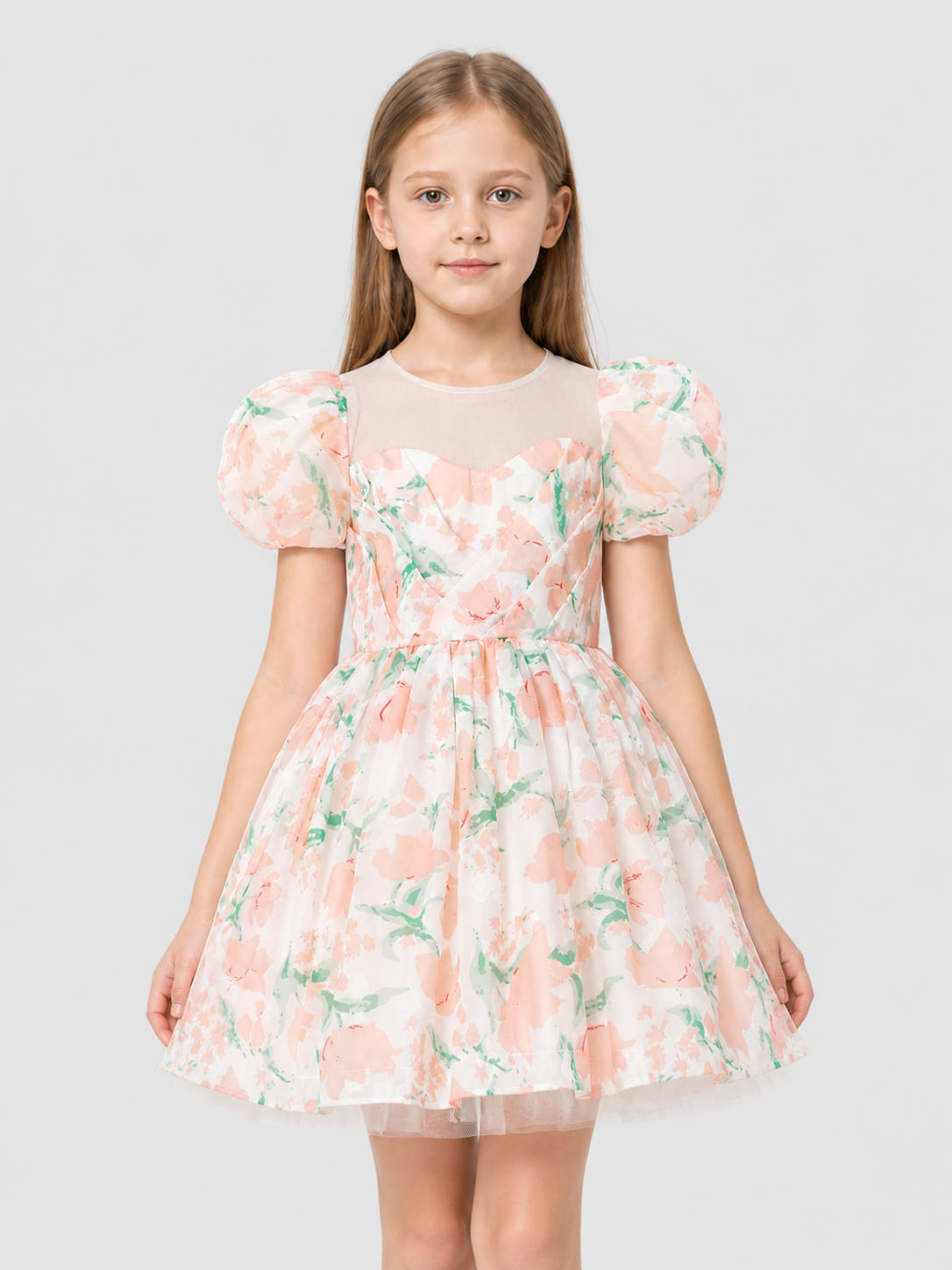 Princess Dress for Girls with Floral Print and Bow