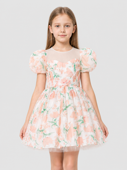 Princess Dress for Girls with Floral Print and Bow