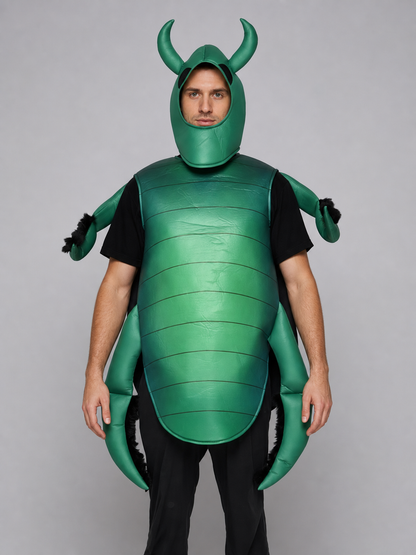 The beetle costume is designed as a full insect silhouette with a large