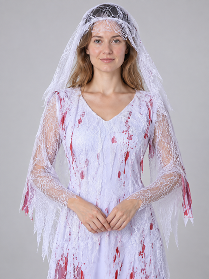 Ghost Costume with Veil and Blood Imitation for Halloween