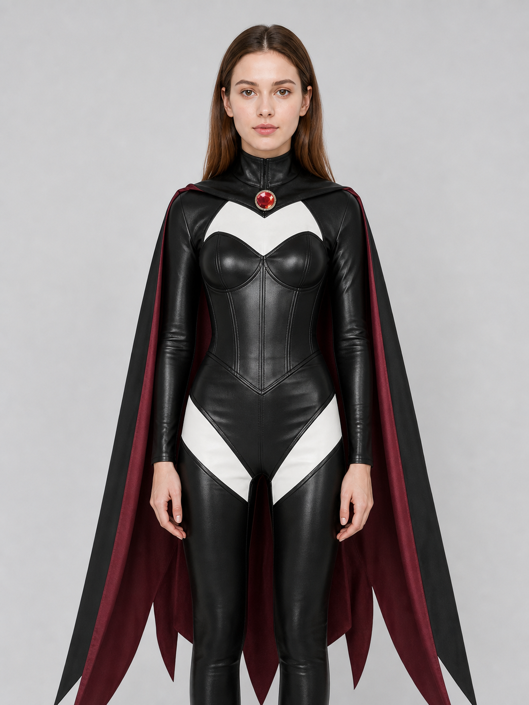 X-Men cosplay costume with cape in a black and burgundy color scheme. The set includes a one-piece costume and a cape, combined into a striking look for role-play transformations and themed events, including Halloween. The design features a