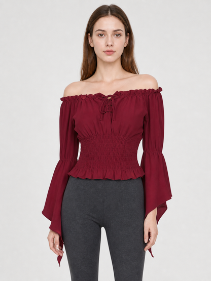 Cropped Off-the-Shoulder Lace-Up Blouse