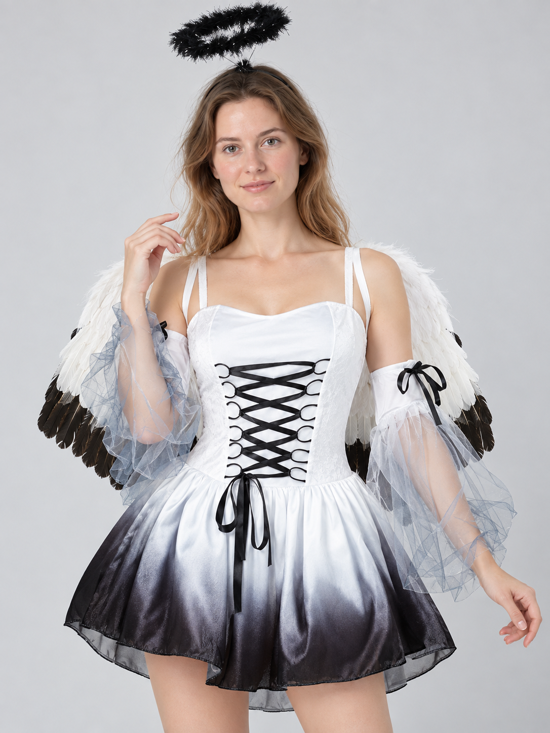 Black and White Angel Carnival Costume with Wings and Halo