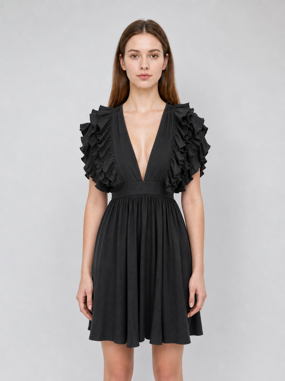 Floor-Length Evening Dress with a Deep V-Neckline