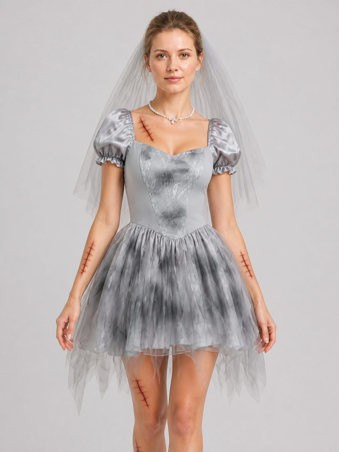 Gray Ghost Bride Dress with Veil and Ragged Hem Costume Dresses detail 3