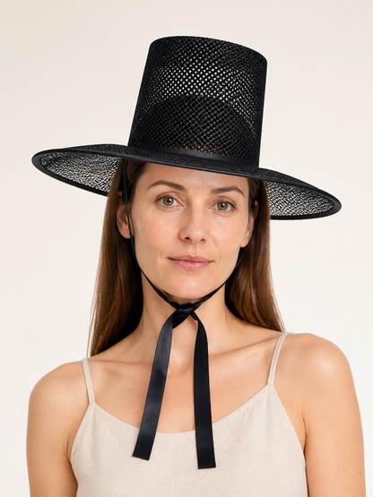 Black Carnival Hat with a Wide Brim and Ties Costume Headwear detail 2