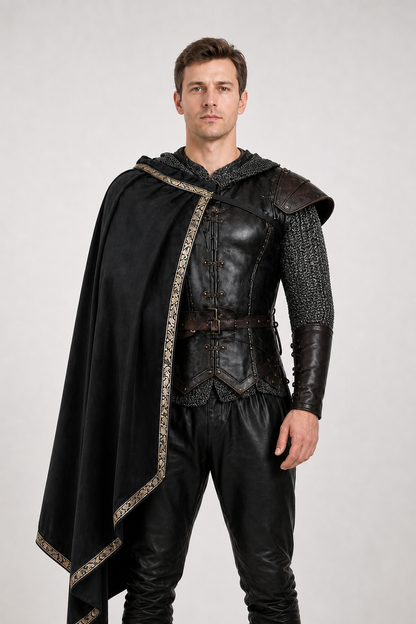 Upper-body view of the knight costume: armor vest with front fasteners, shoulder guards, belt and chainmail hood
