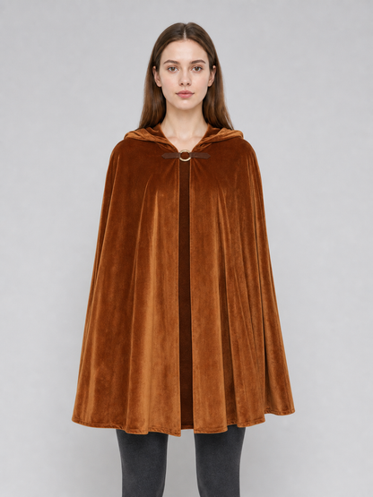Halloween Medieval Warrior Hooded Cloak, Dark Brown Open Front Cape With Ring Clasp And Bow Strap For Cosplay Performance