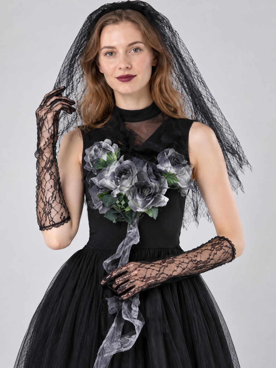 Black Bride Costume: Dress, Veil, Lace Gloves