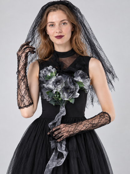 Black Bride Costume: Dress, Veil, Lace Gloves